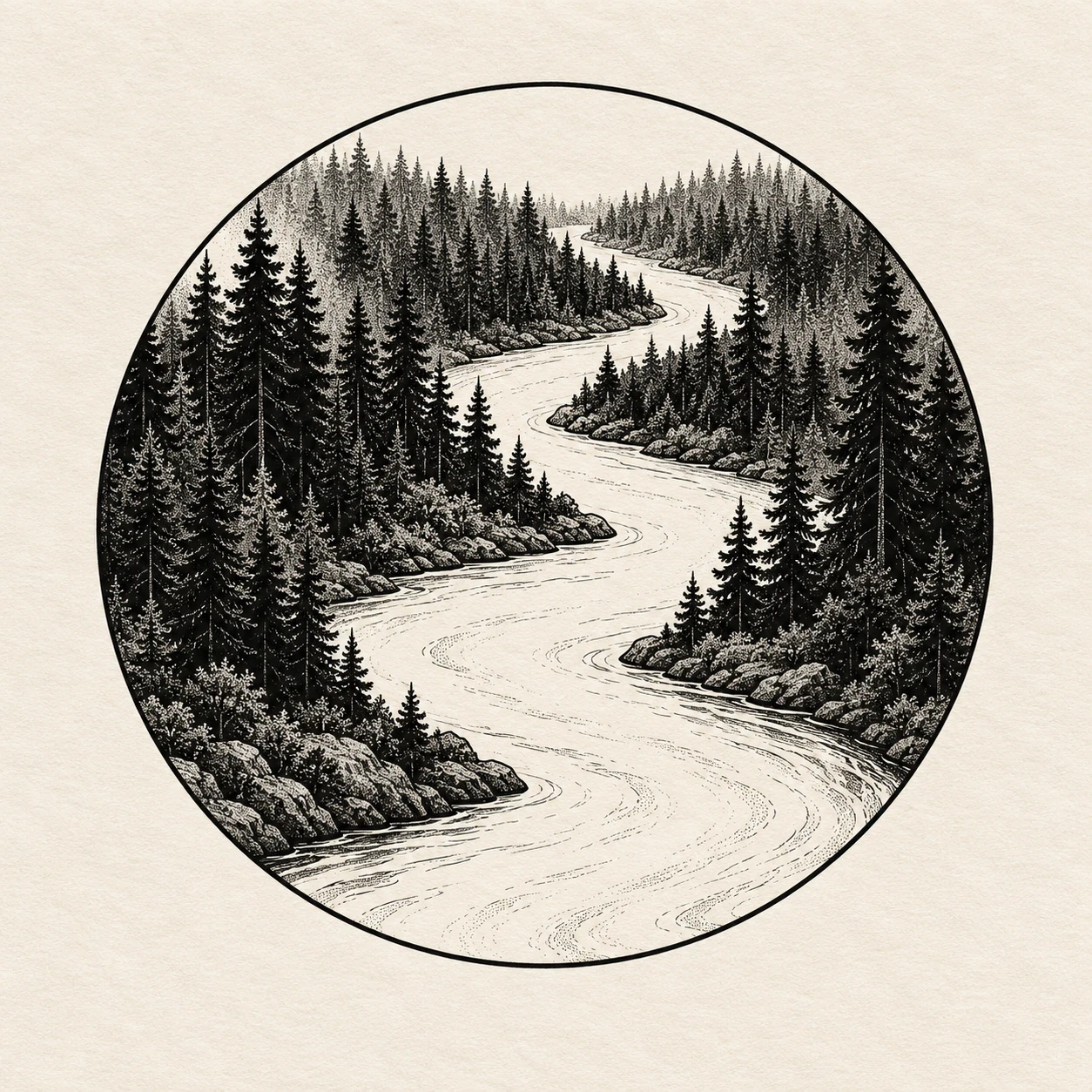 Circular blackwork scene of an open river winding through a pine forest