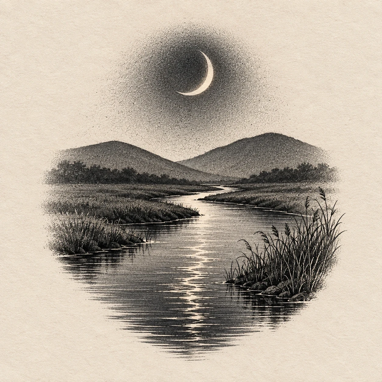 Night river beneath a crescent moon with a pale reflection and bank reeds