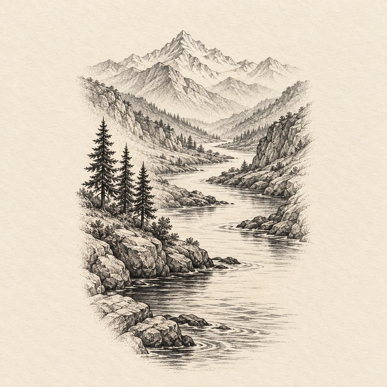Black-and-grey winding river through a mountain valley with pine trees on one bank