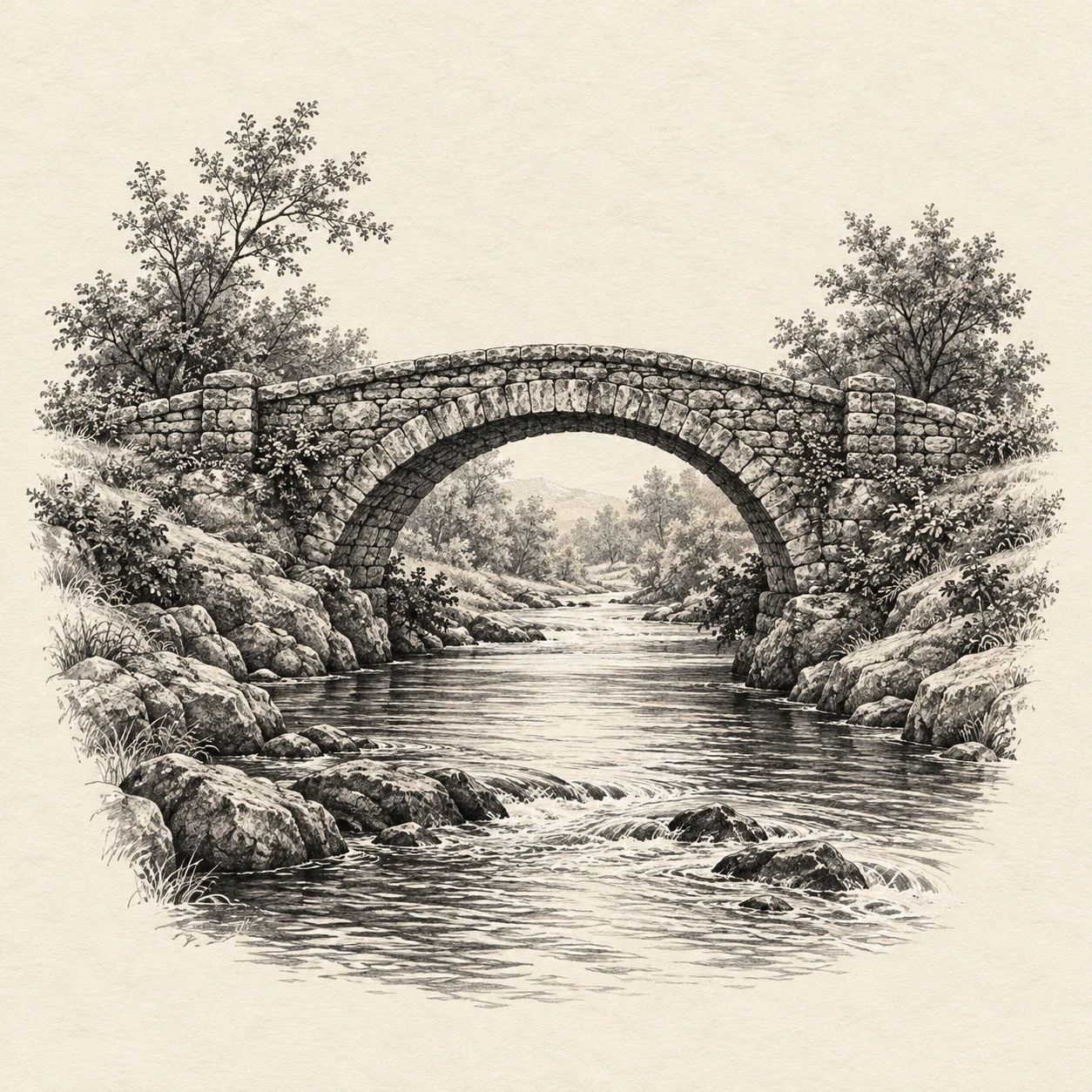 Single-arch stone footbridge over a narrow flowing river