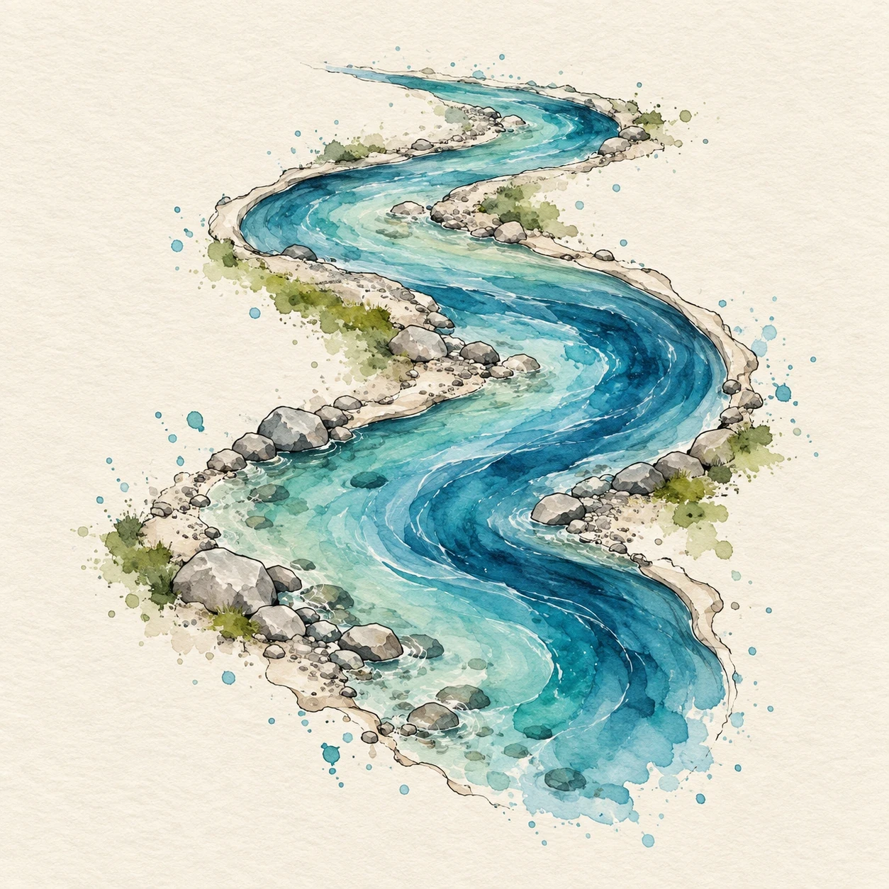 Blue and turquoise watercolor river with fine bank outlines and grey stones