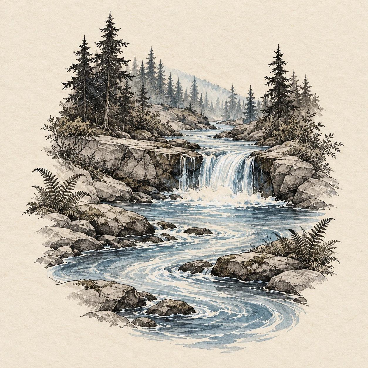 Low woodland waterfall feeding a curved stream beside two fern fronds