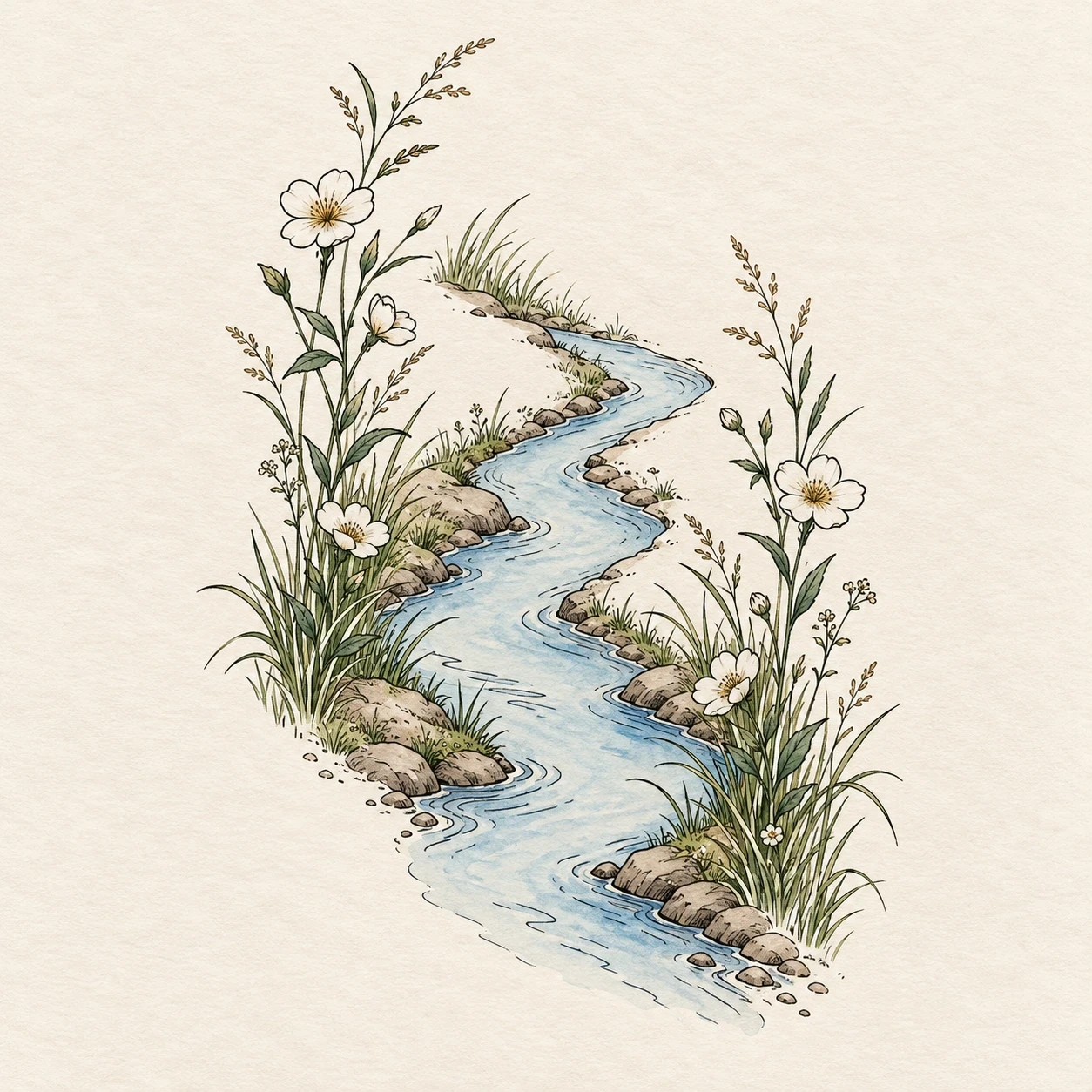 Pale blue river bend framed by white wildflowers and green grasses