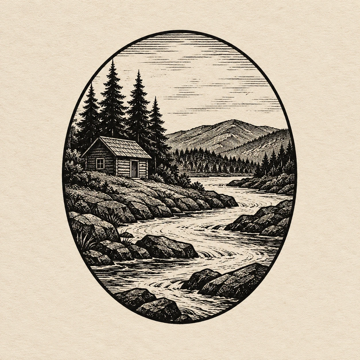Woodcut river landscape with a small cabin and pine trees on one bank