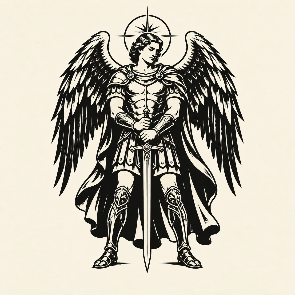 Blackwork Saint Michael silhouette with wings and a lowered sword