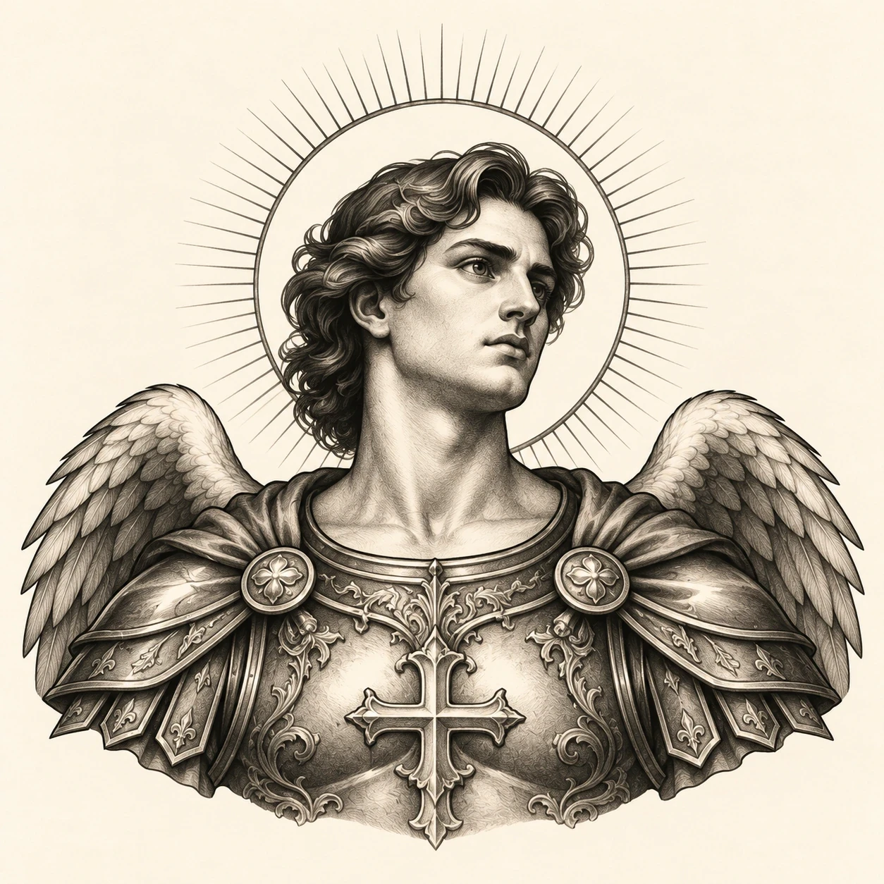 Armored Saint Michael bust with a halo and wing details
