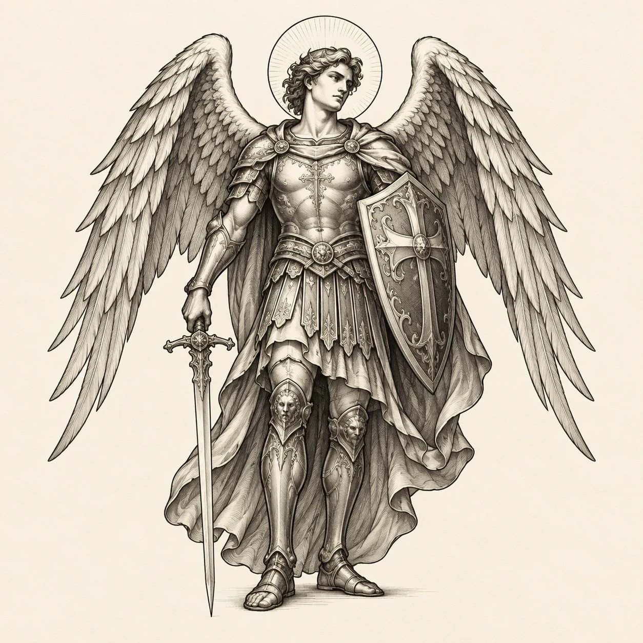 Engraving-style Saint Michael with layered wing feathers and armor