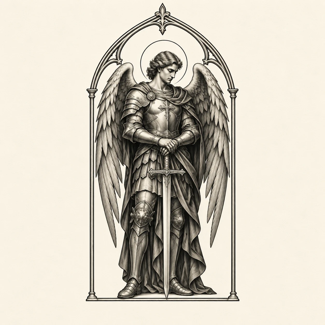 Saint Michael with folded wings inside a pointed arch