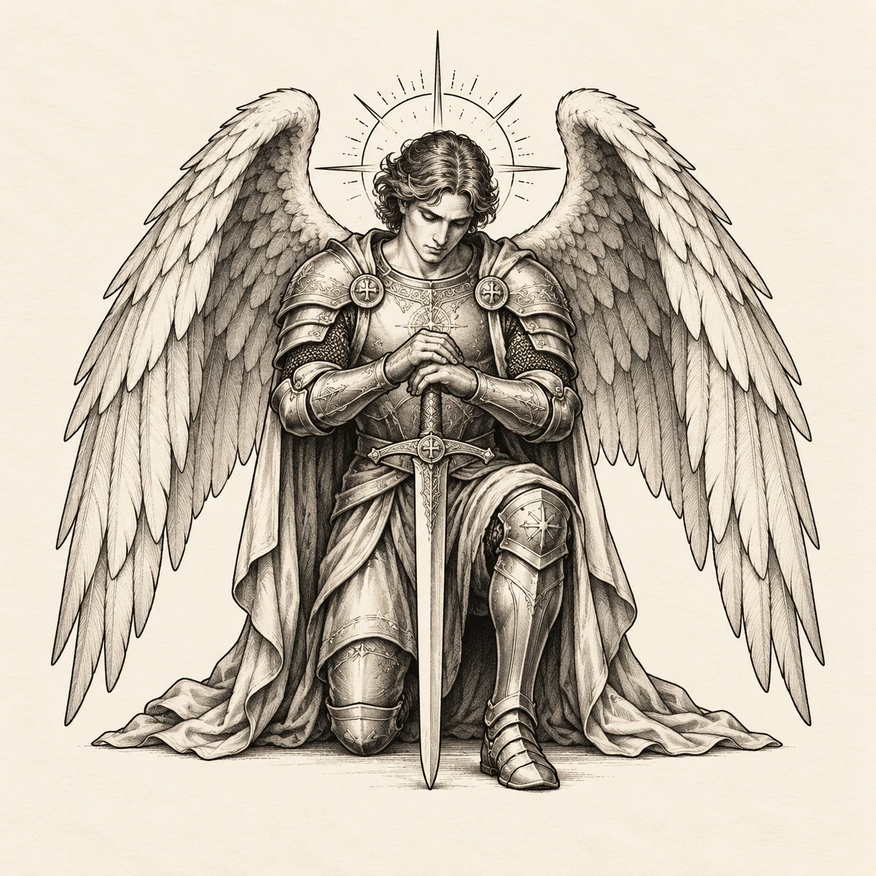 Kneeling armored Saint Michael with hands resting on a sword