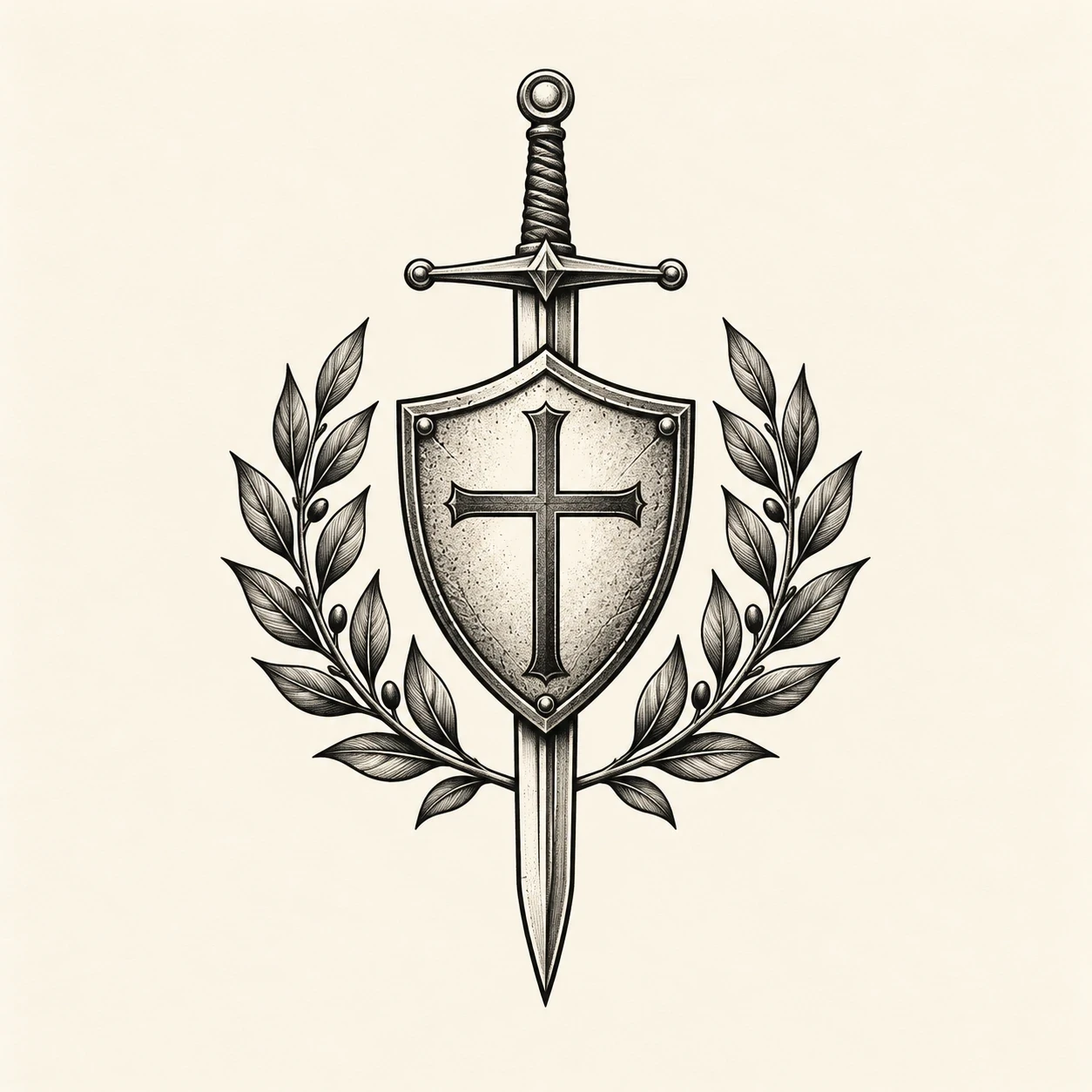 Cross shield, sword and leafy branches in an emblem inspired by Saint Michael