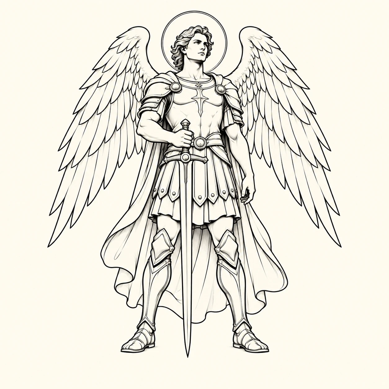Simple linework Saint Michael with wings and a vertical sword