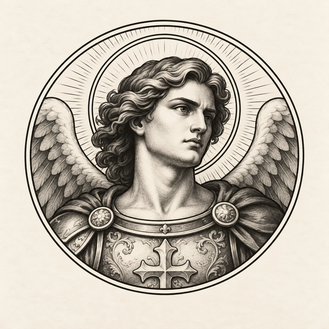 Round Saint Michael portrait medallion with halo and wing details