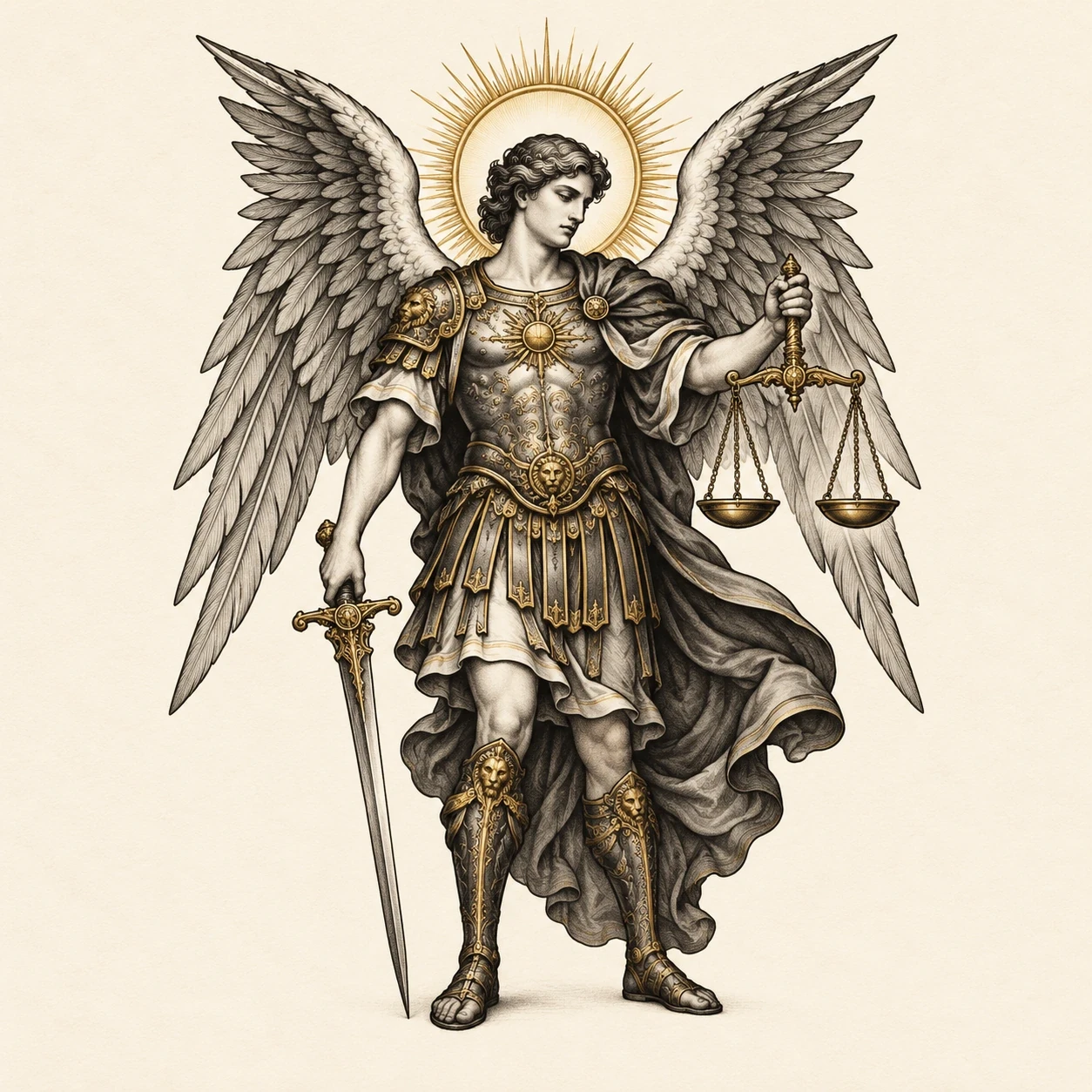 Saint Michael holding balance scales and a sword
