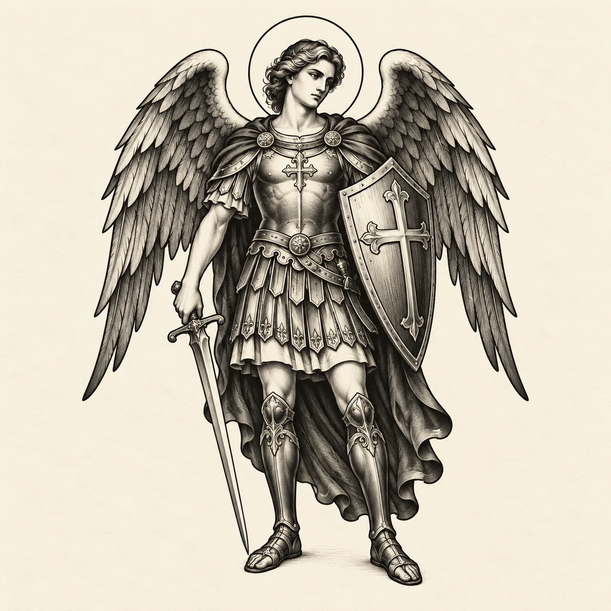 Winged Saint Michael holding a shield and a point-down sword