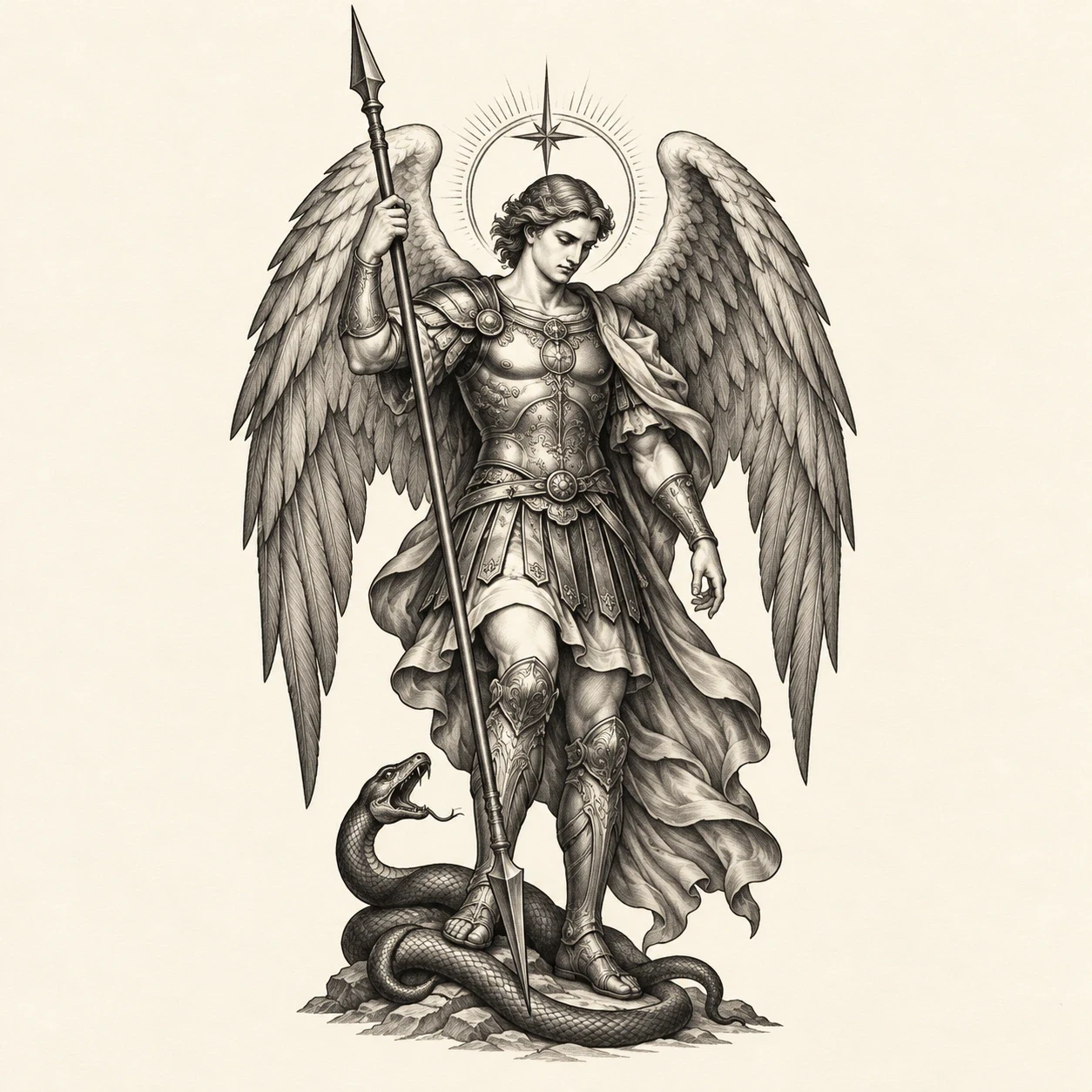 Saint Michael with a spear beside a small serpent