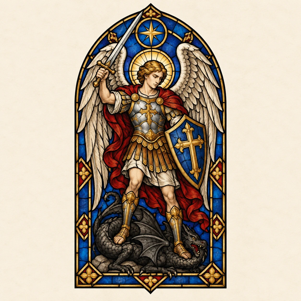 Stained-glass-inspired Saint Michael above a dragon inside a colored arch