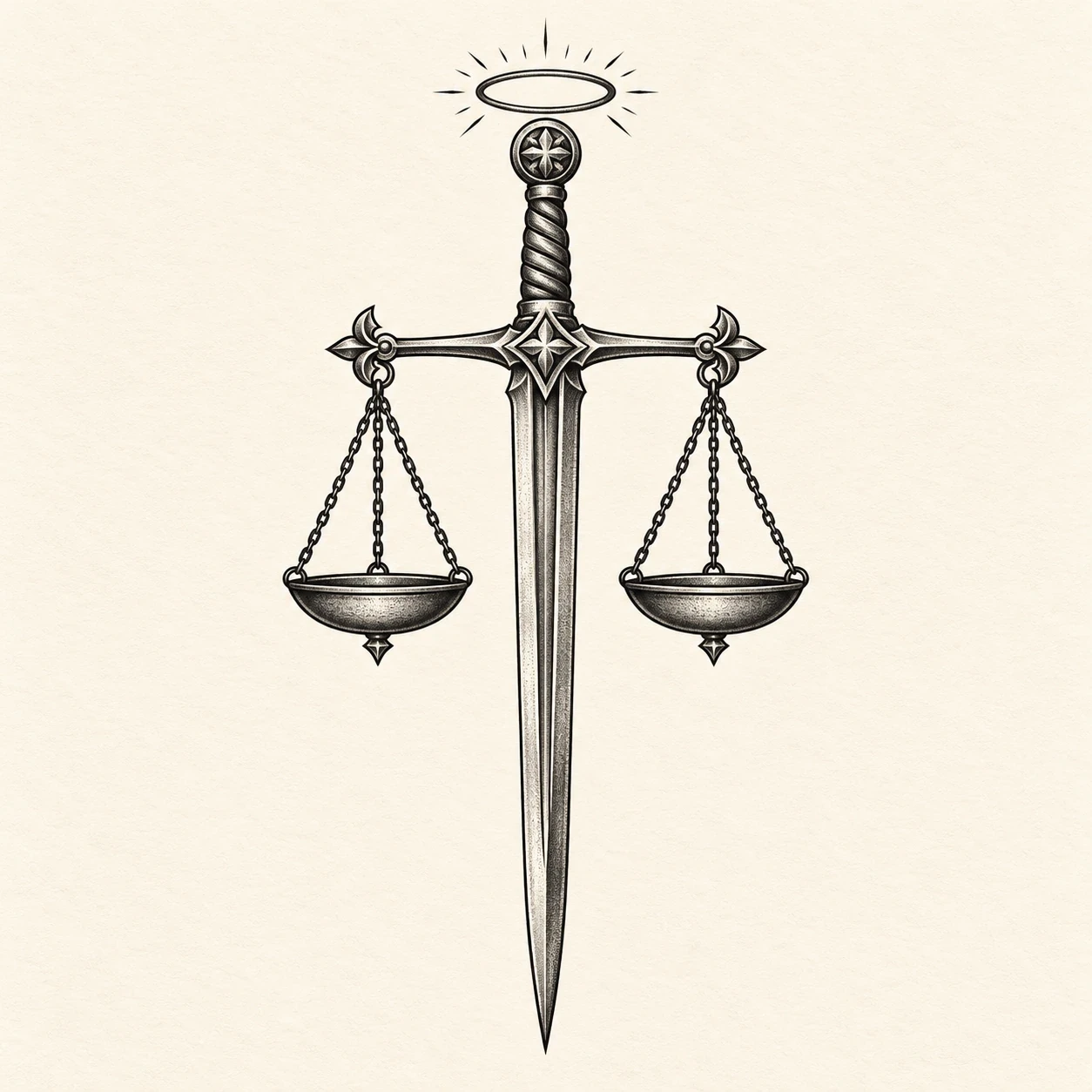 Sword, balance scales and halo emblem inspired by Saint Michael