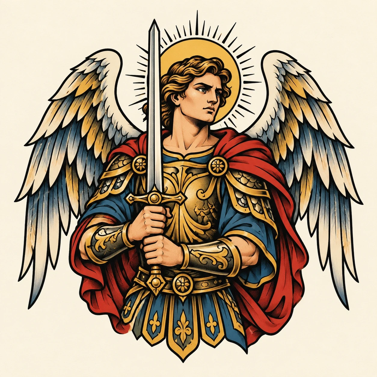 Bold color Saint Michael with a red cloak, wings and sword