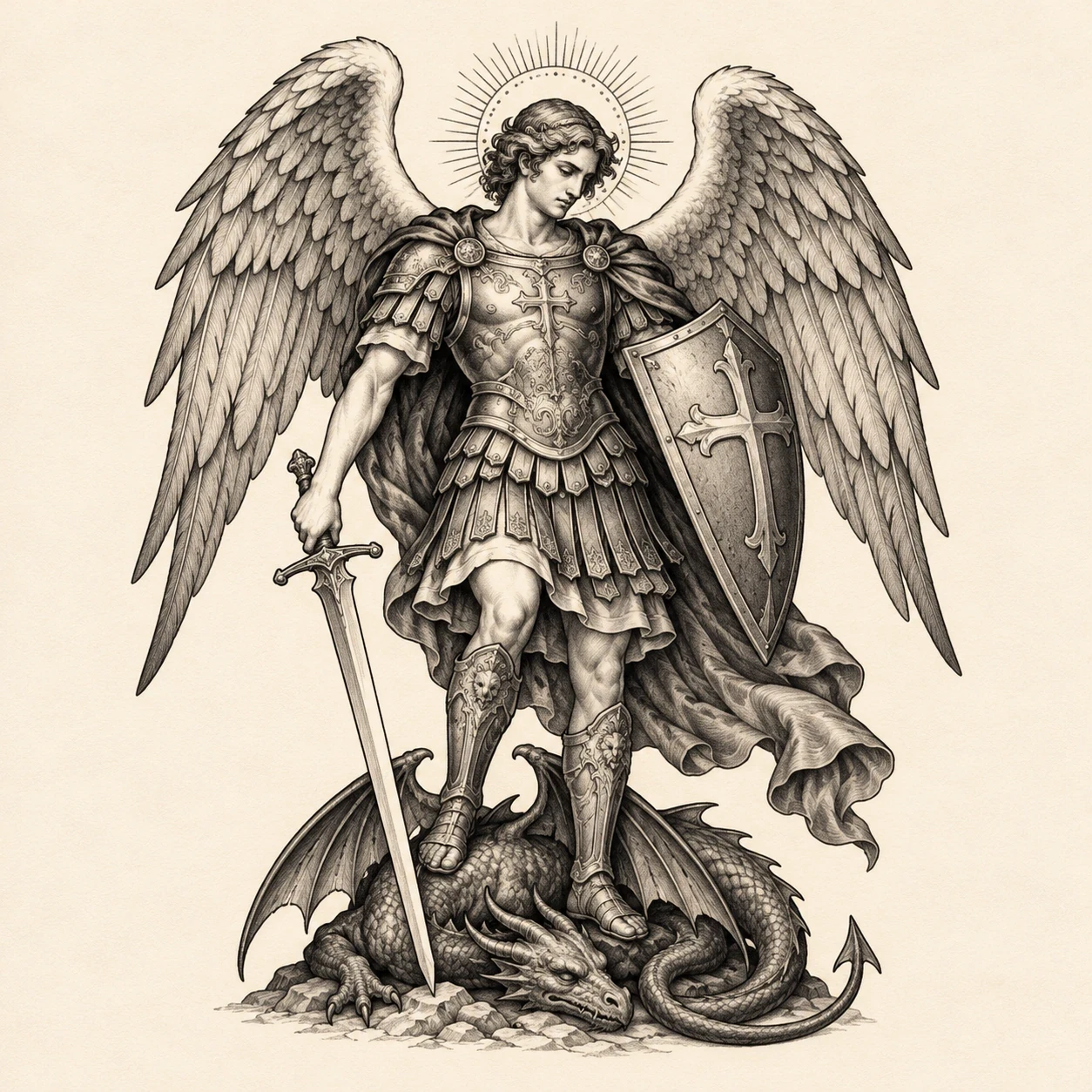 Saint Michael with a lowered sword above a small stylized dragon