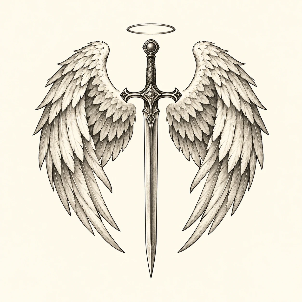 Winged sword and halo emblem inspired by Saint Michael imagery