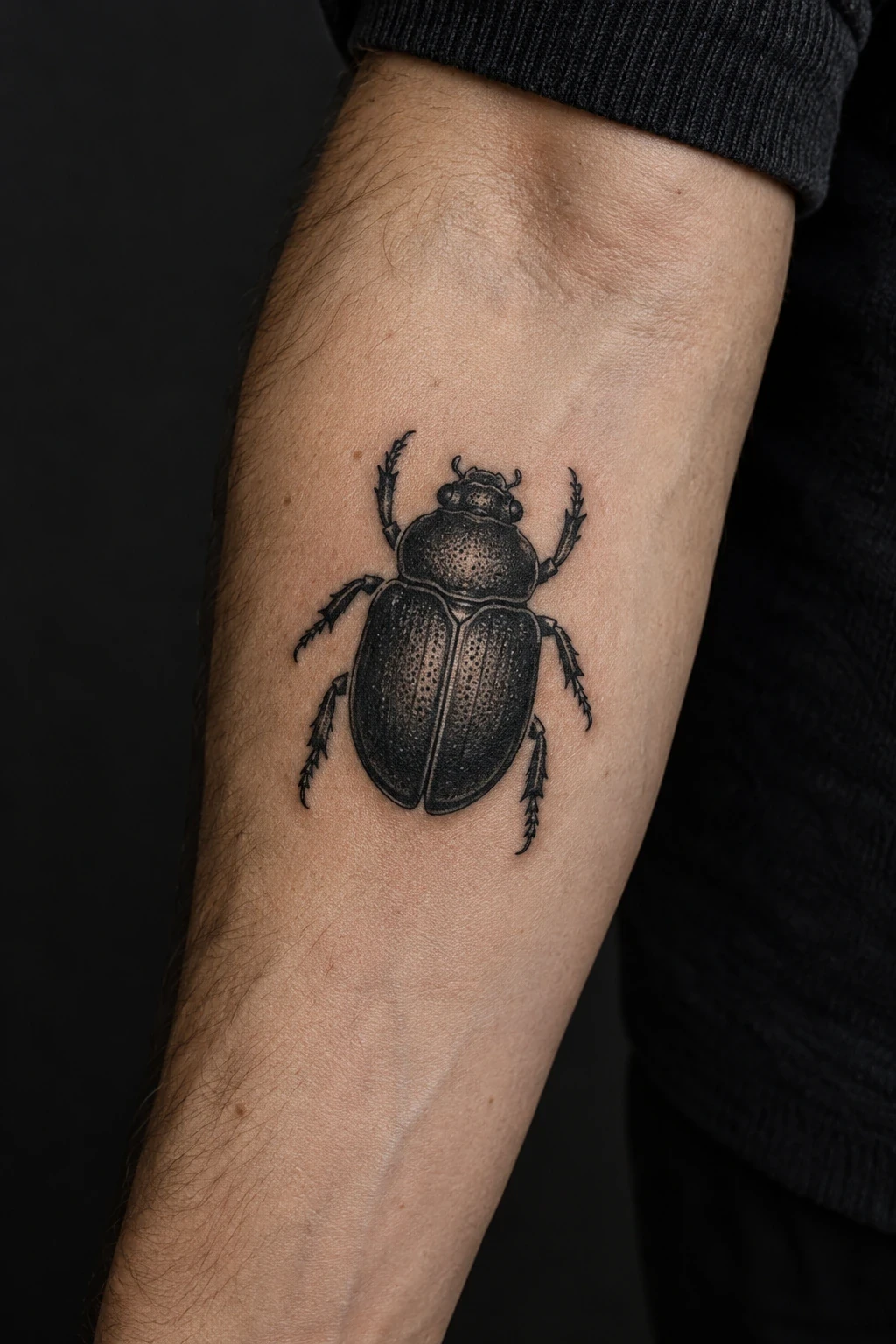 Bold black scarab tattoo with closed wing cases on an inner forearm