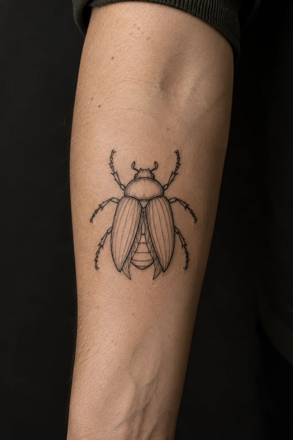 Outlined scarab beetle tattoo on an inner forearm