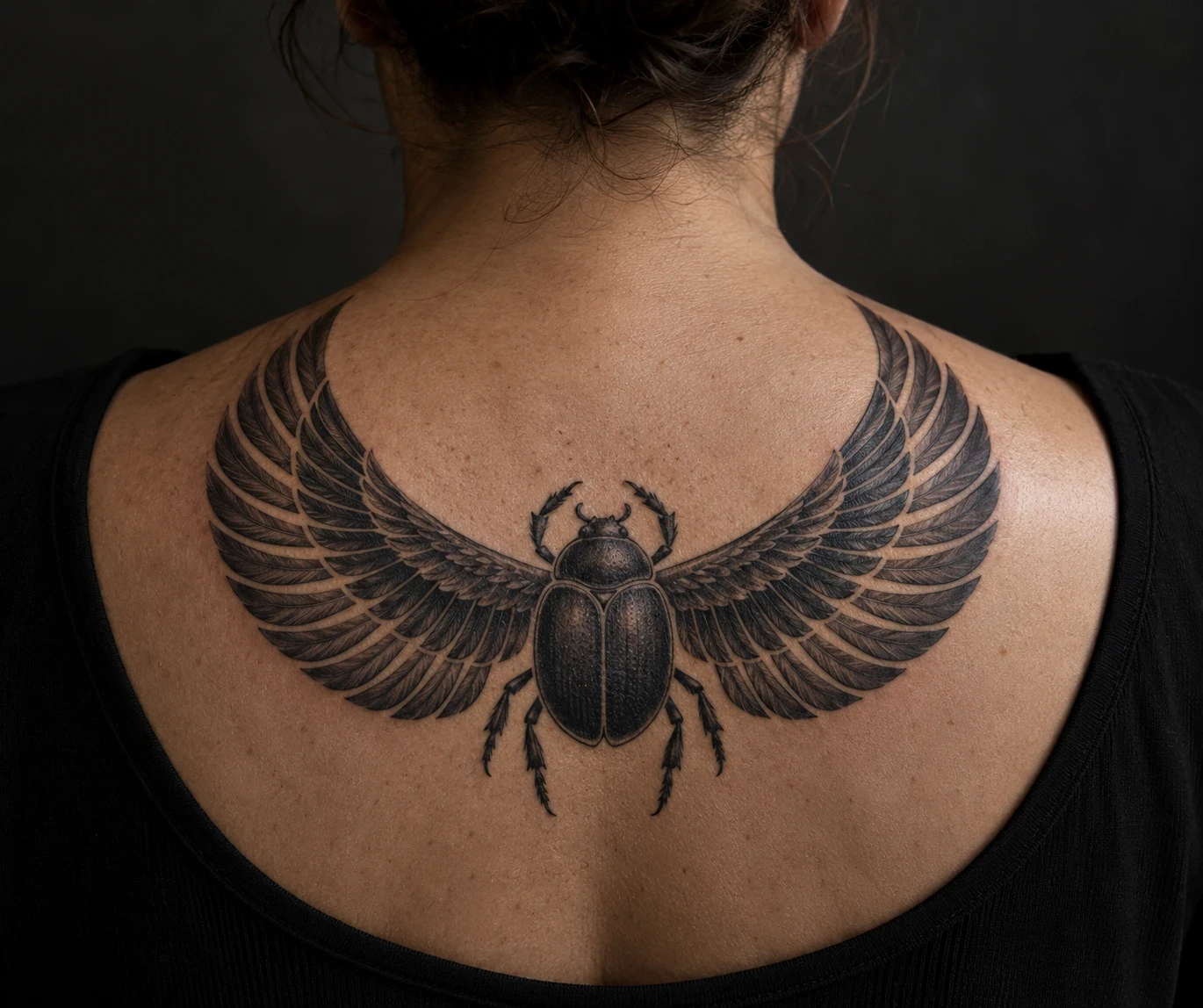 Black scarab tattoo with spread ornamental wings on an upper back
