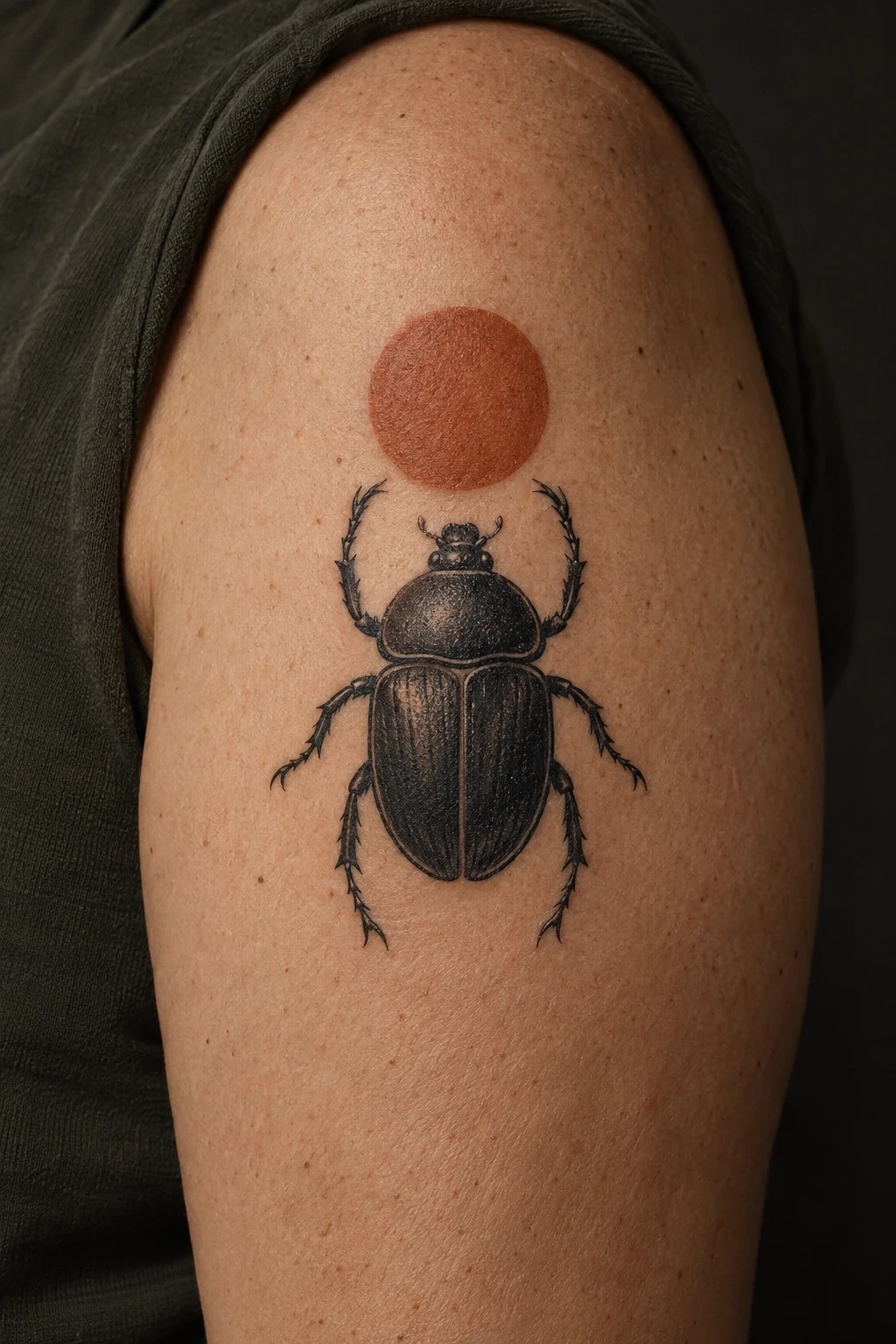 Black scarab tattoo beneath a terracotta sun disk on an upper arm