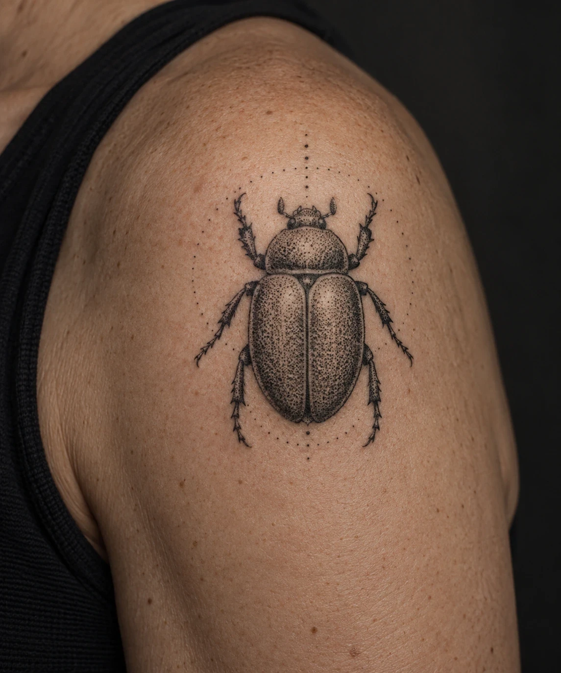 Dotwork scarab tattoo with a softly stippled halo on a shoulder