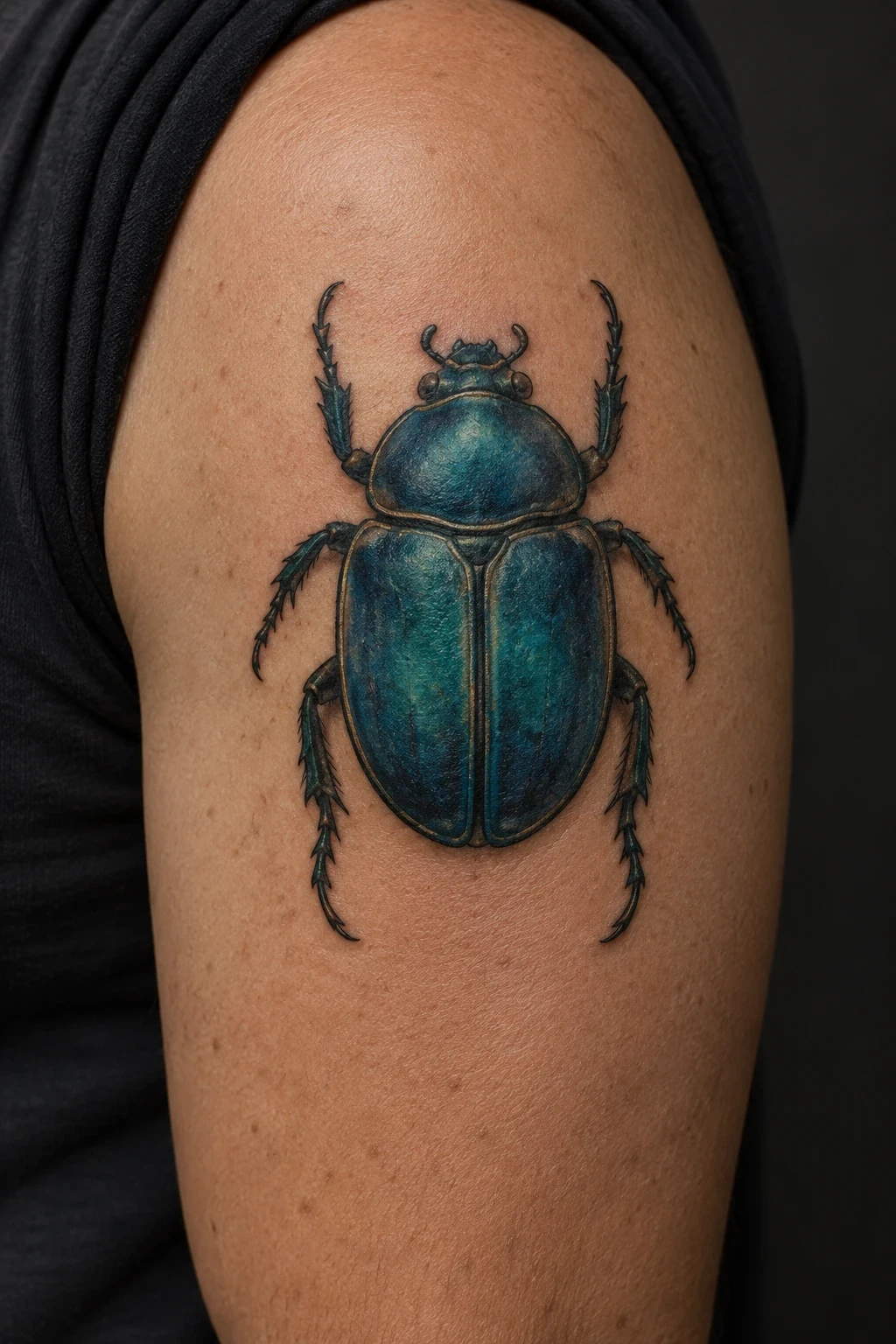 Turquoise and cobalt scarab tattoo with black outlines on an upper arm