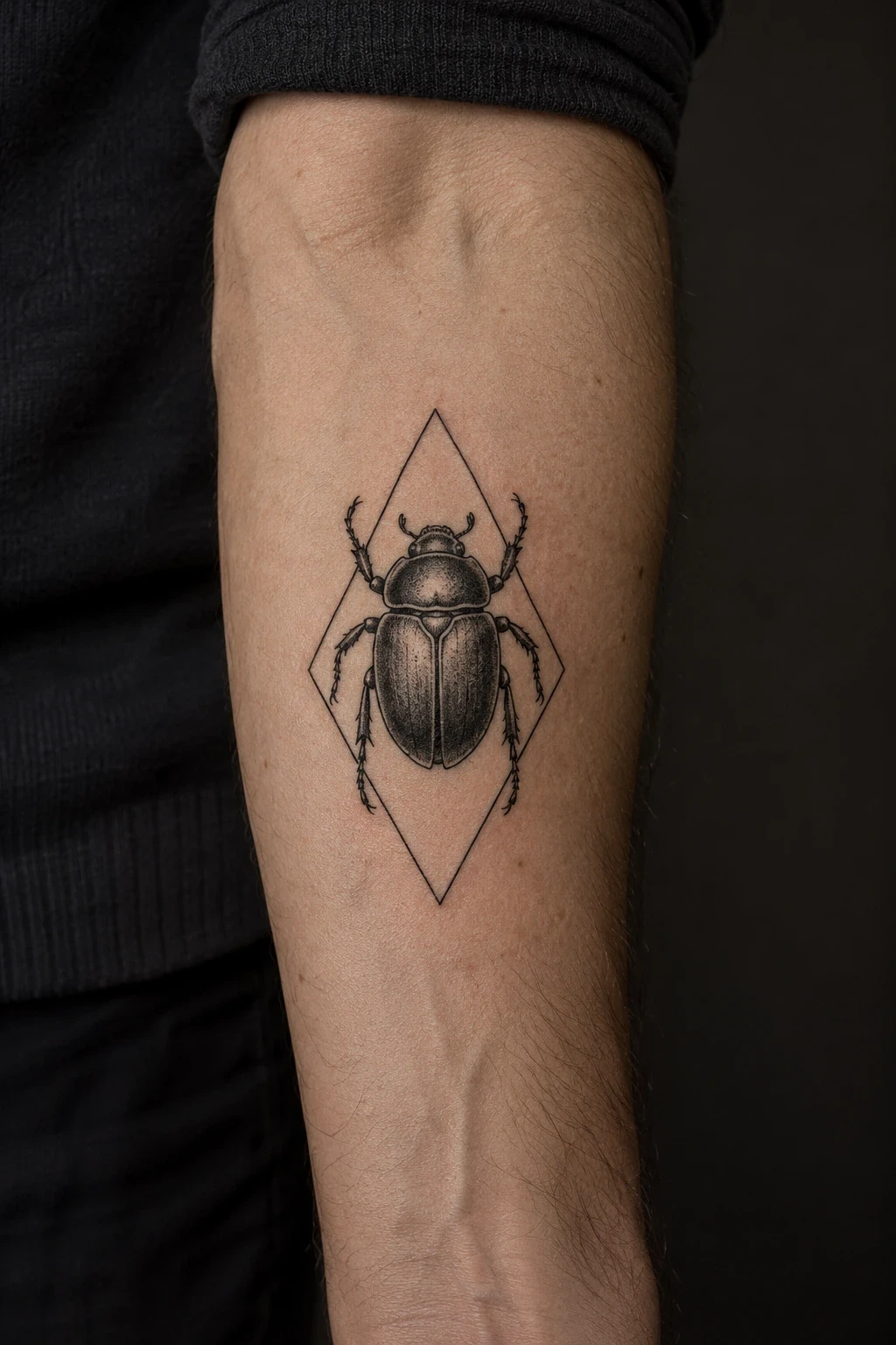 Black scarab tattoo inside a diamond outline on an inner forearm