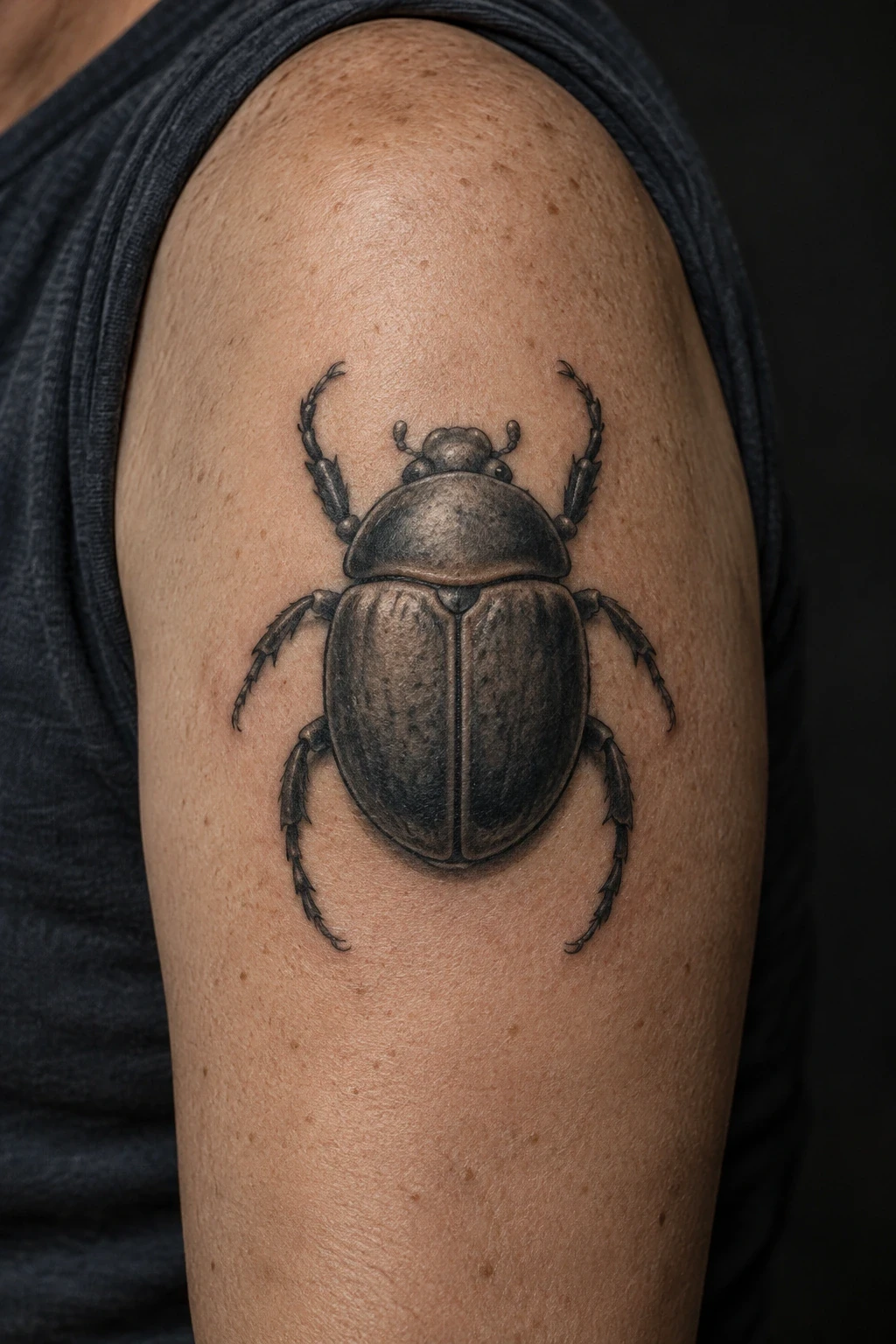 Black and grey scarab amulet tattoo with carved shell details on an upper arm