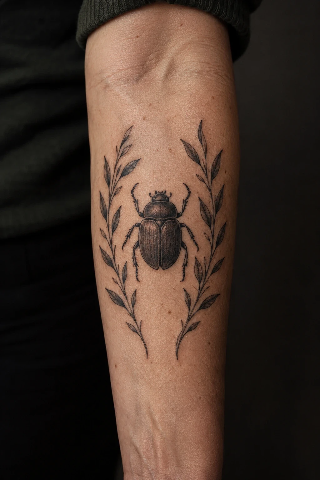 Black scarab tattoo between two leafy sprigs on an inner forearm