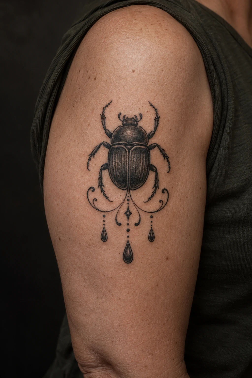 Black scarab tattoo with curved flourishes and three teardrop ornaments on an upper arm