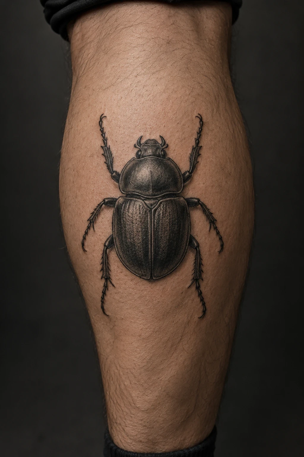 Realistic black and grey scarab beetle tattoo on a calf
