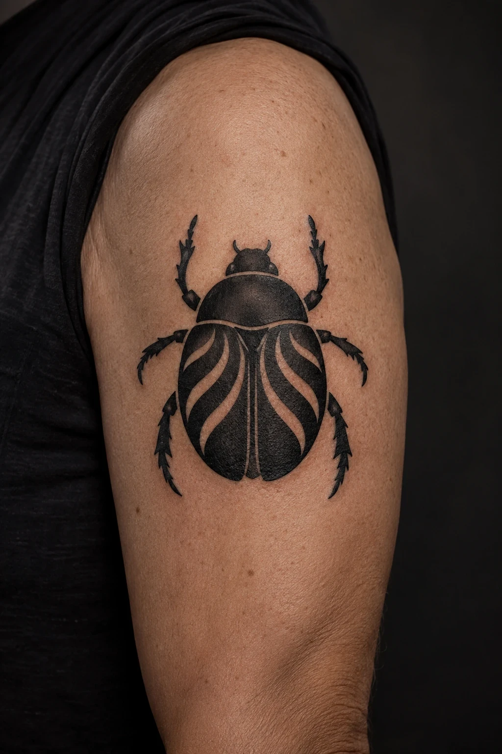 Black scarab tattoo with curved negative-space shell stripes on an upper arm