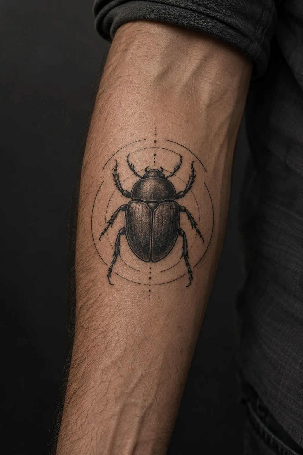 Black scarab tattoo framed by partial concentric circles on a forearm