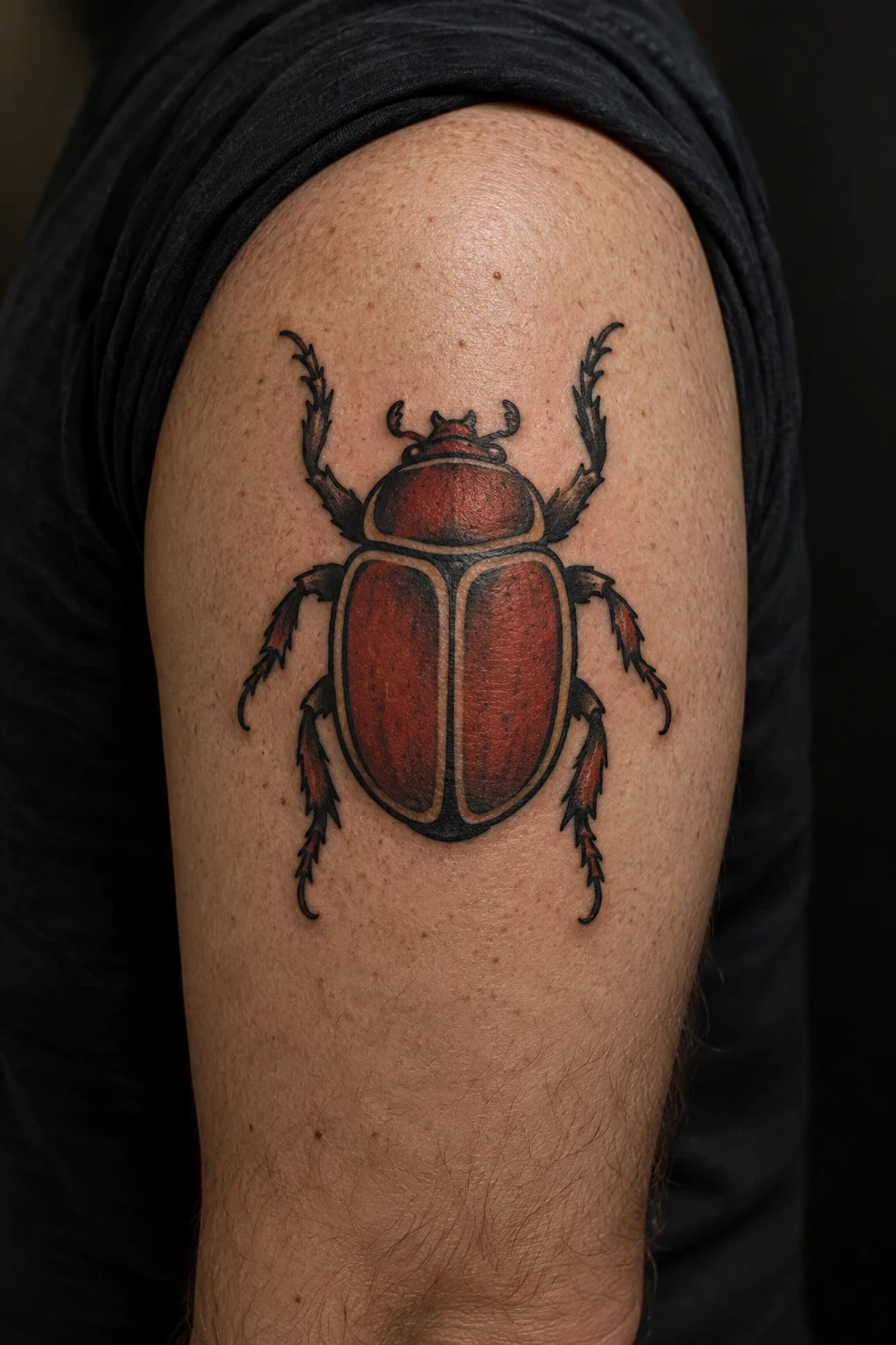 Brick-red scarab tattoo with a bold black outline on an upper arm