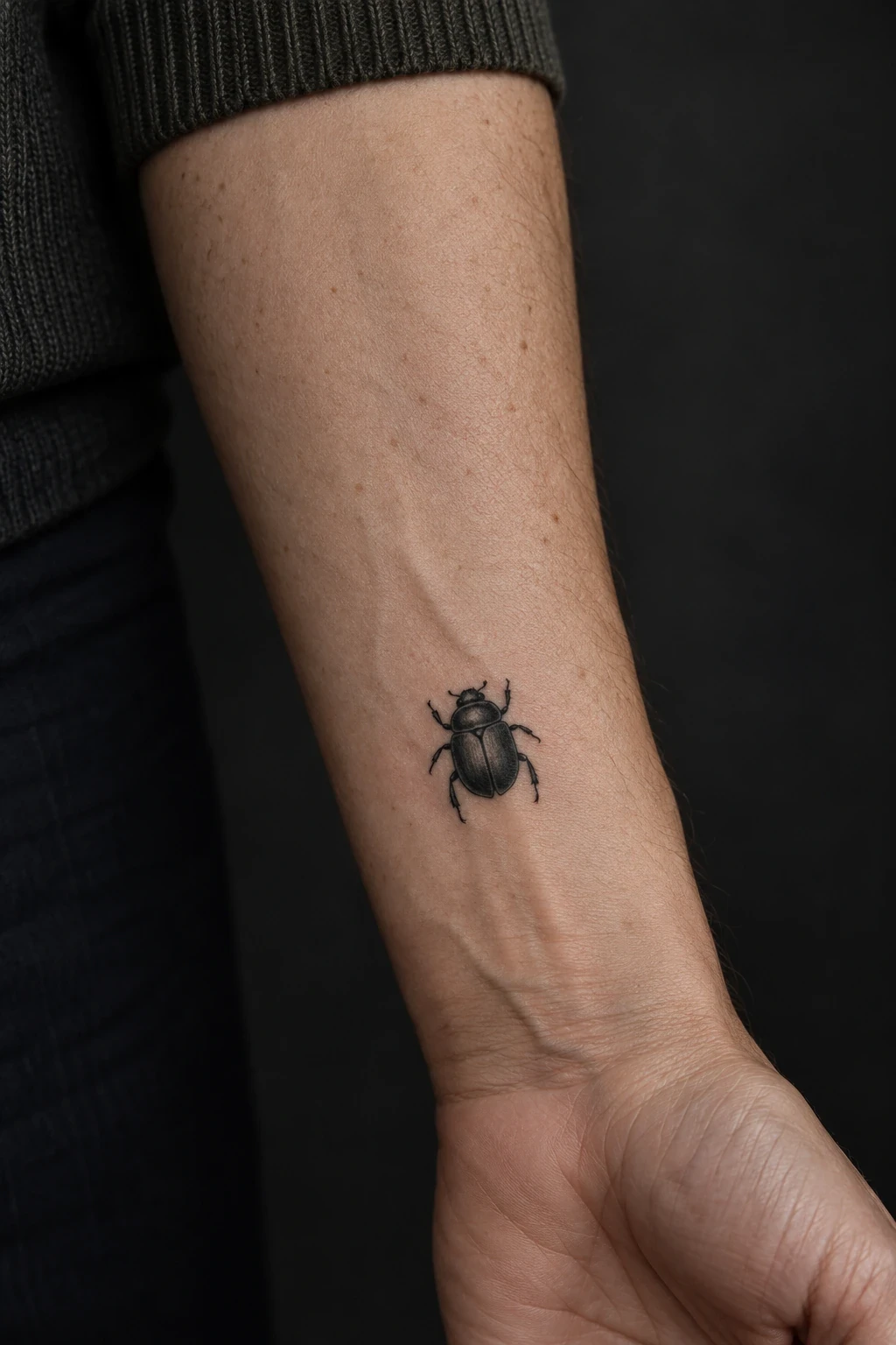 Small black scarab tattoo above the wrist on an inner forearm