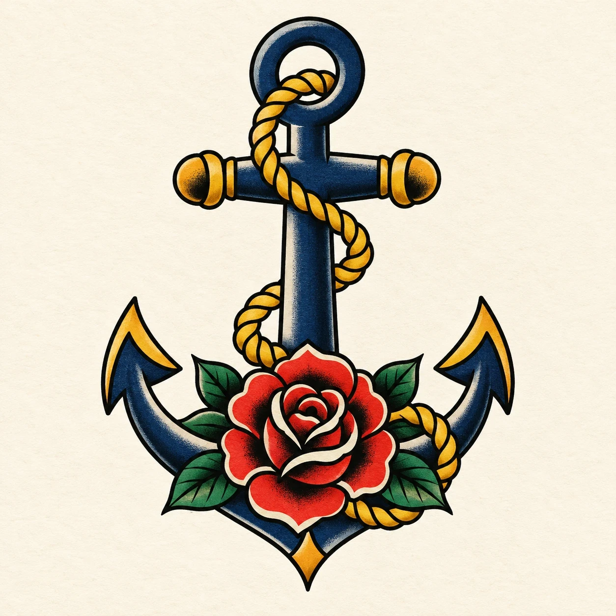 Blue anchor with gold rope and a red rose
