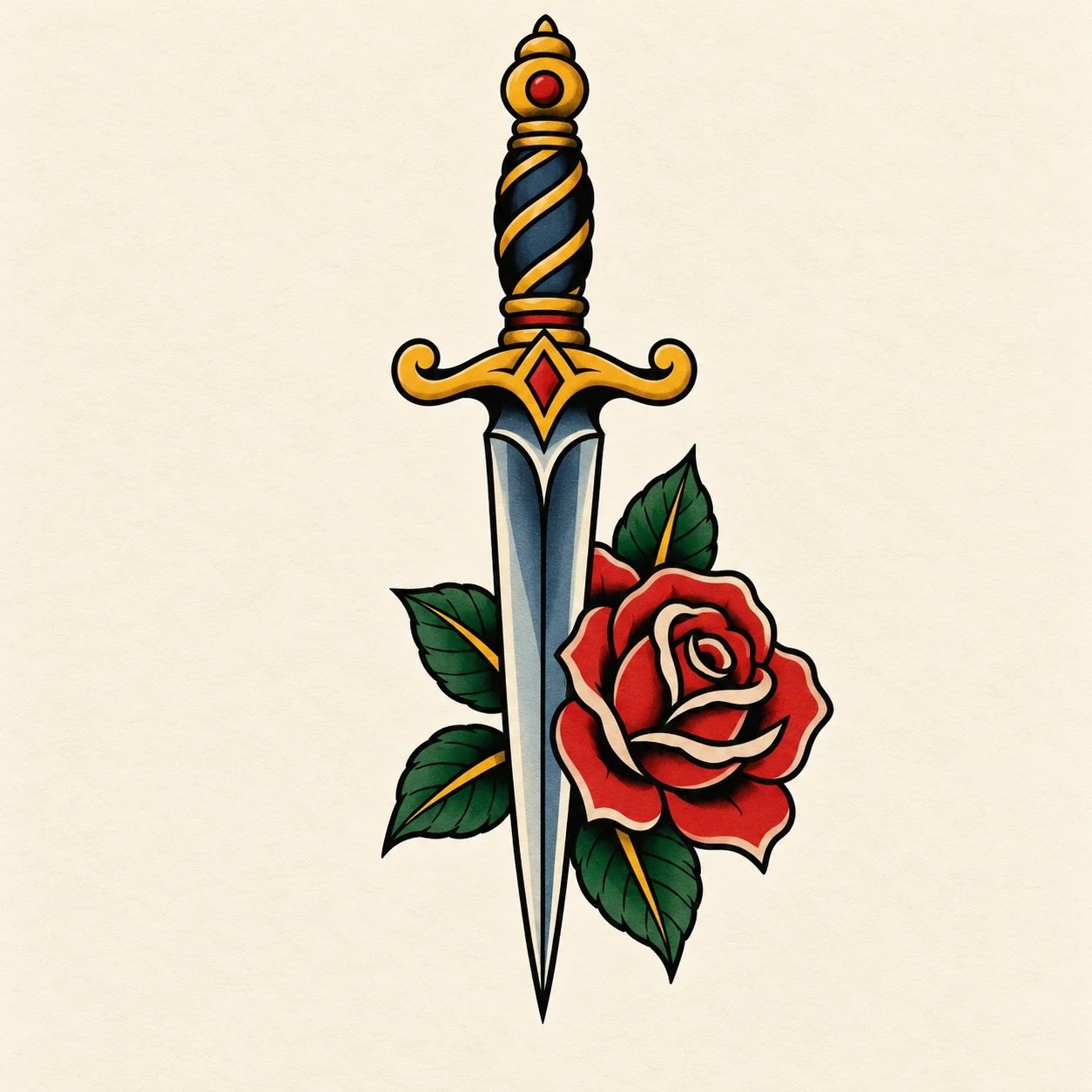 Gold-handled dagger beside a red rose and green leaves
