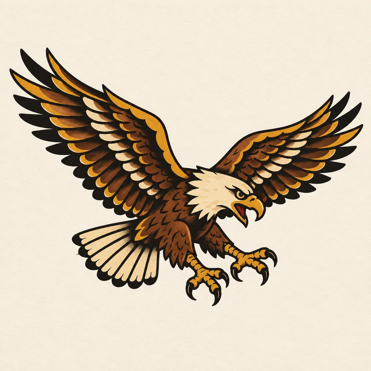 Brown and gold eagle with spread wings and a cream head