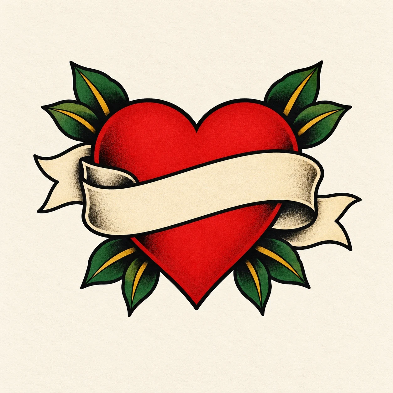 Red heart with an unlettered cream ribbon and green leaves
