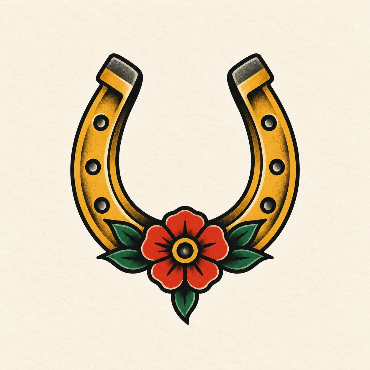 Gold horseshoe with a small red flower and green leaves
