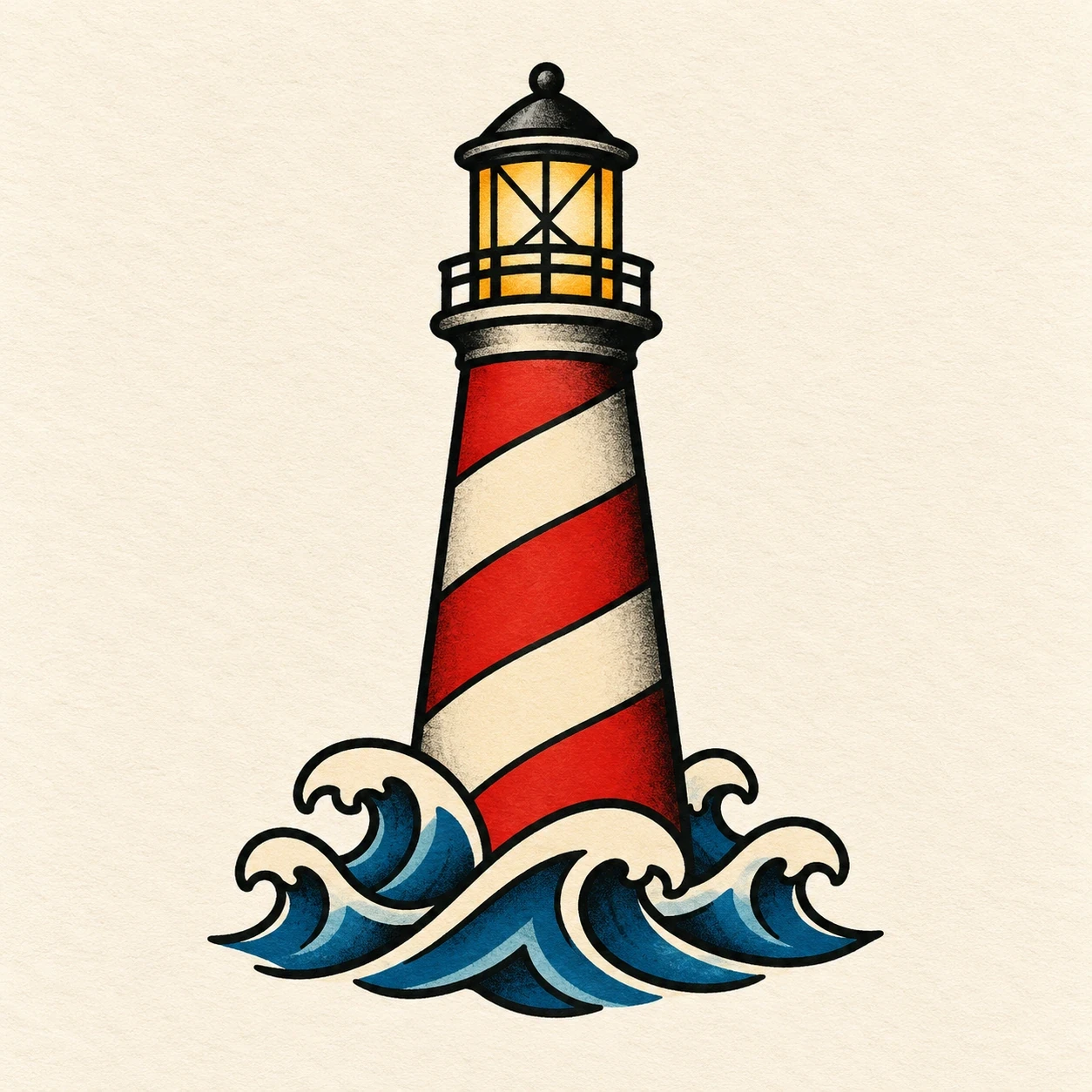 Red and cream lighthouse above blue waves