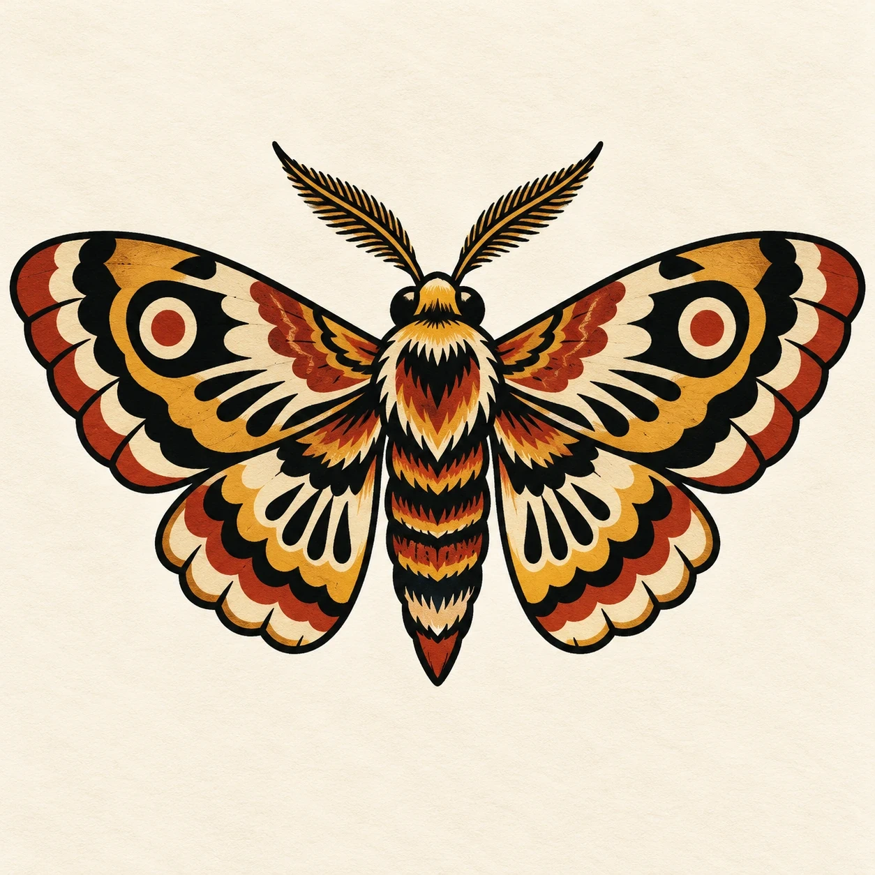 Gold and rust moth with symmetrical wings and bold black markings