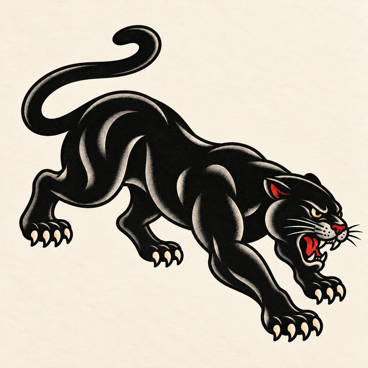 Black panther in a curved crawling pose with red mouth accents