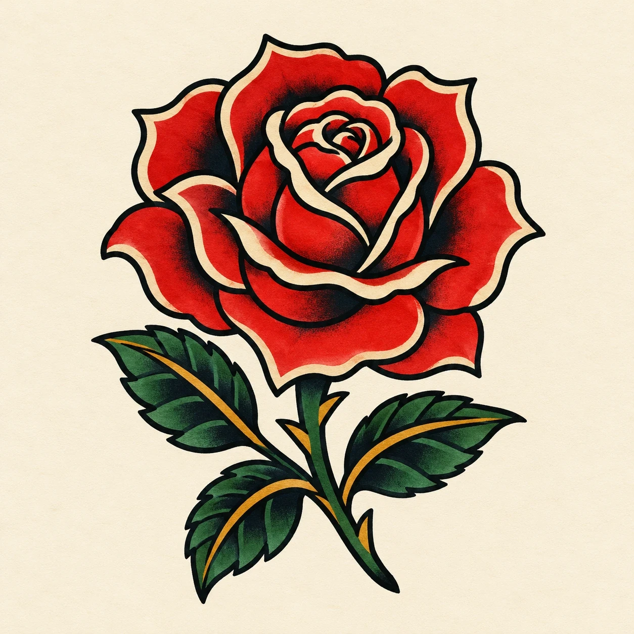 Red rose with green leaves and bold black outlines