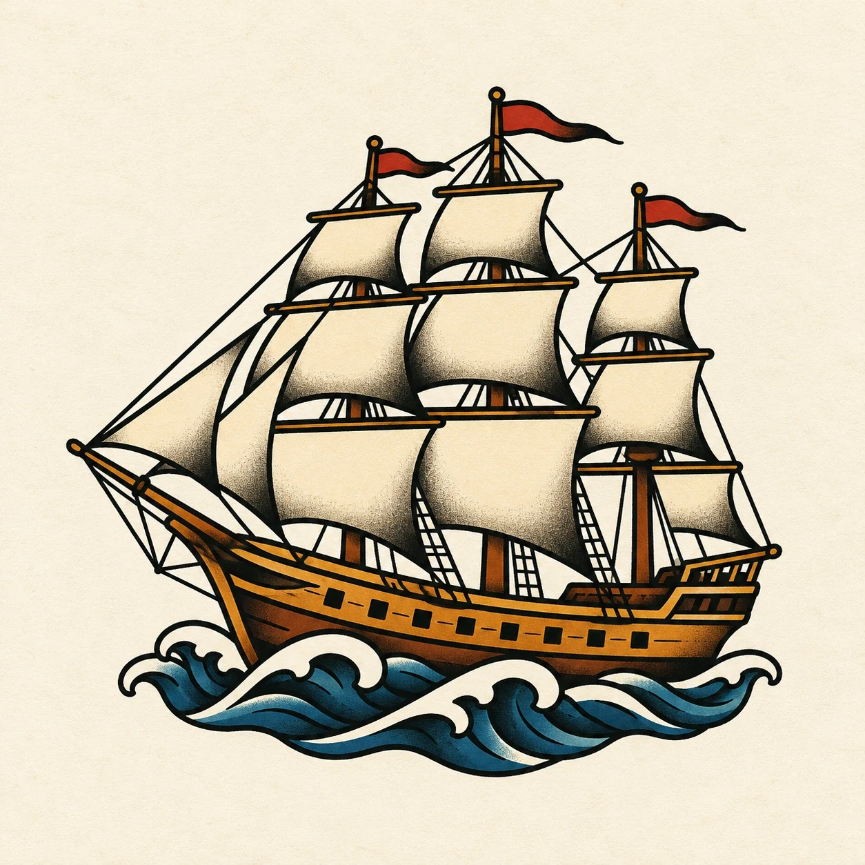 Three-masted sailing ship with cream sails over blue waves