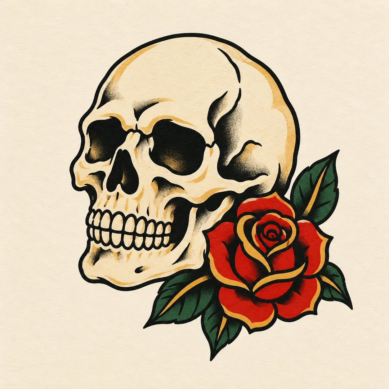 Cream skull with one red rose and green leaves